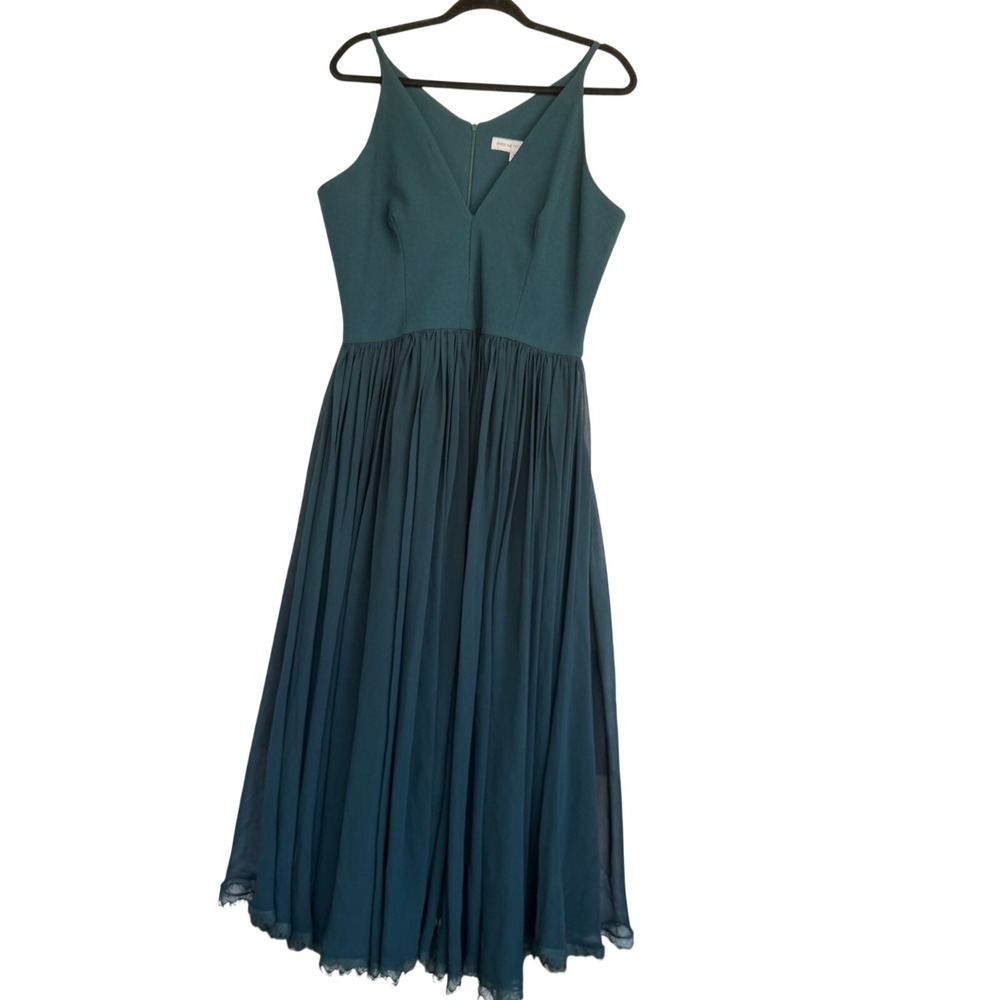Dress The Population XL Teal Green V-Neck Pleated Chiffon Midi Dress Lace Hem